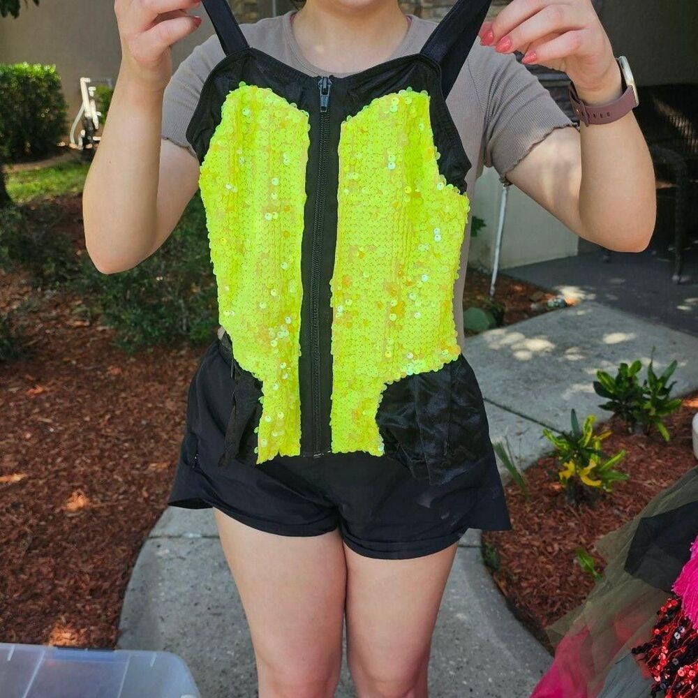 Weissman Neon Yellow and Black Sequin Hip Hop Dance Costume Top